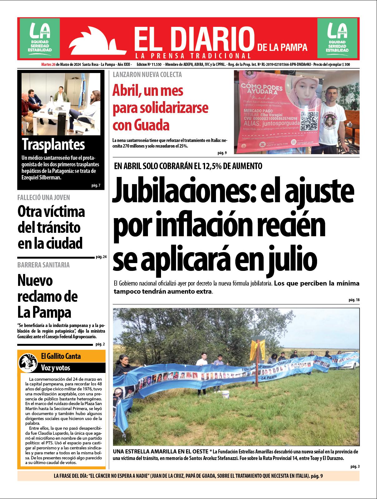 Tapa de El Diario en papel  martes 26 de marzo de 2024